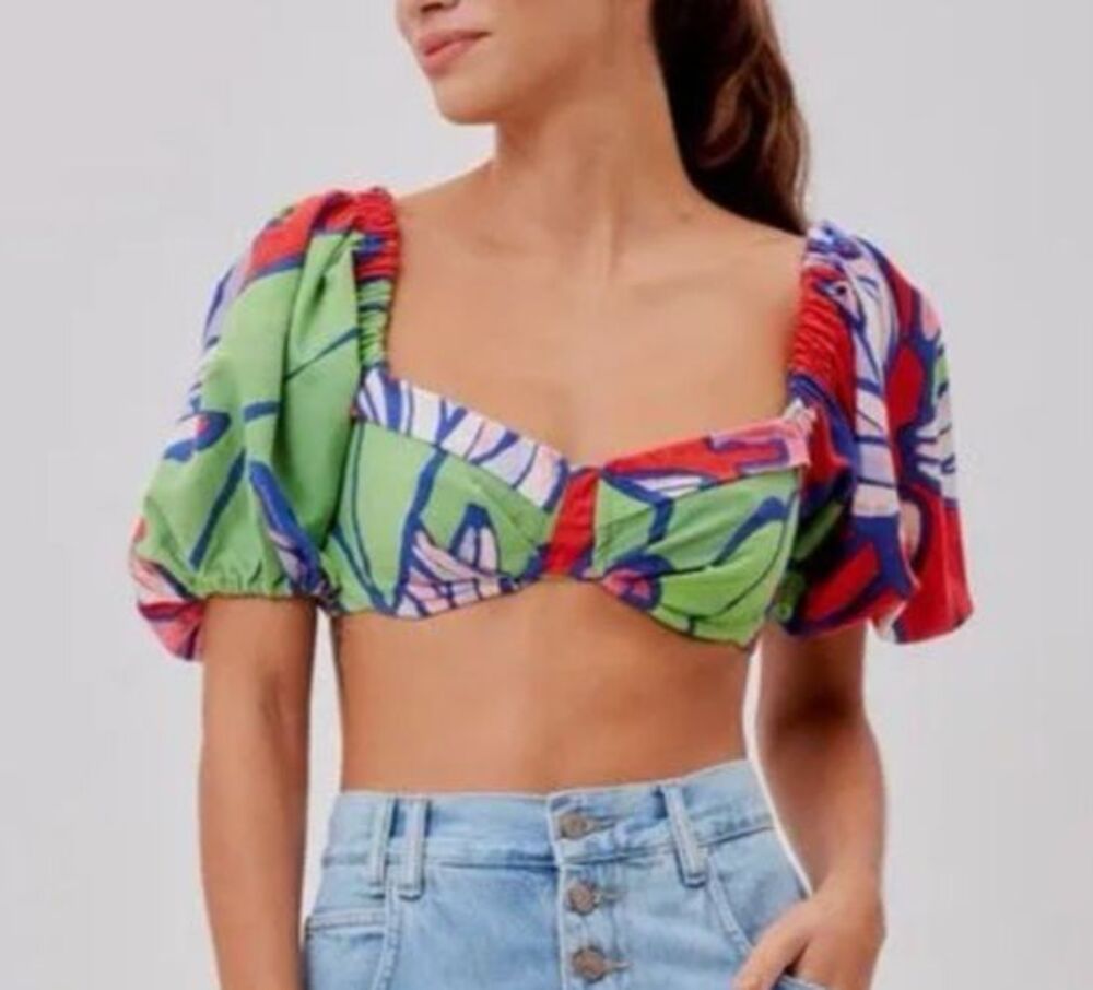 Farm Rio Crop Top Puff Sleeve Linen Tropical Maximal Beach Vacation Size PP NWT